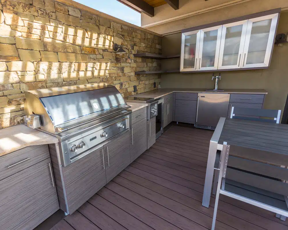 Vault Decking with Outdoor Kitchen Composite Decking stairs with lights in San Antonio