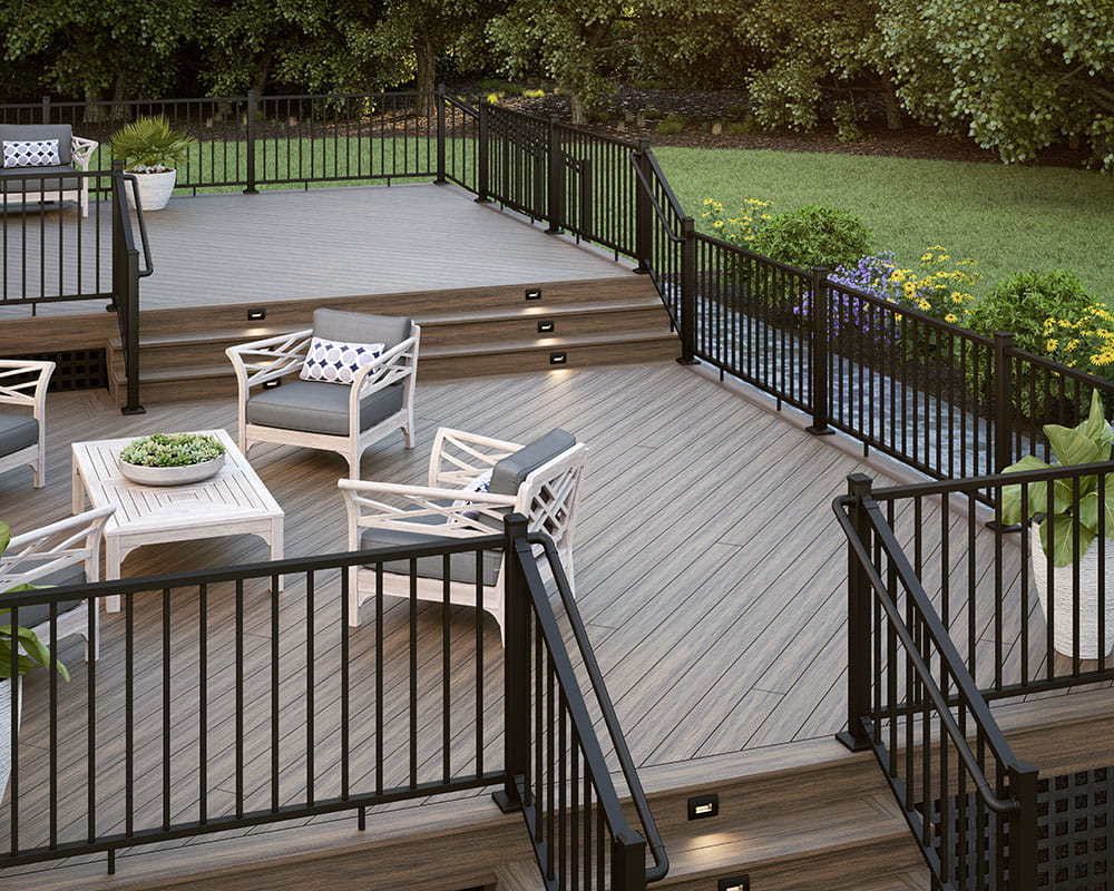 composite decking with railings and deck furniture