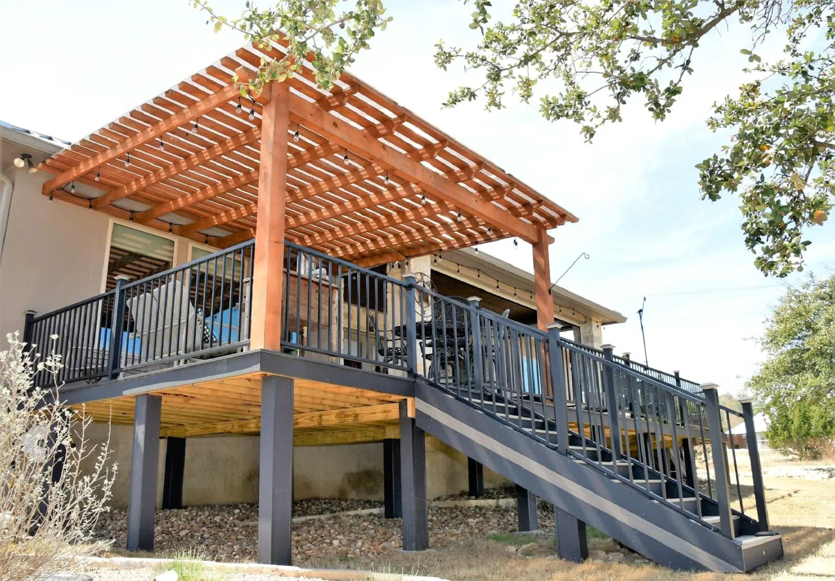 pergola Composite Decking stairs with lights in San Antonio