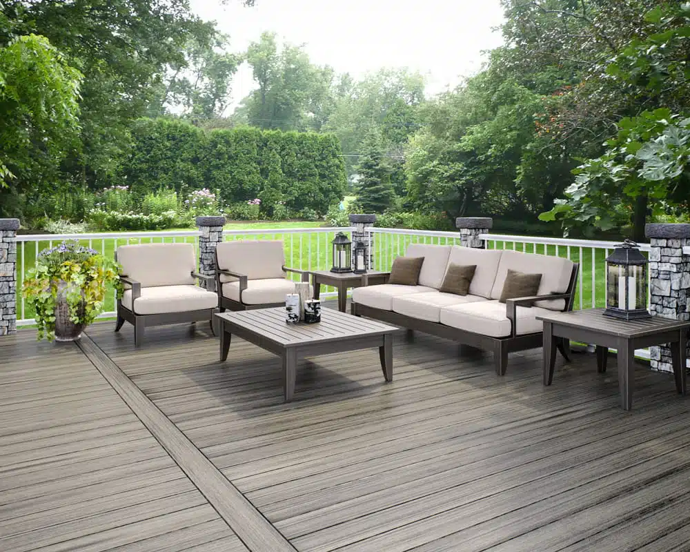 deckorators composite decking VistaDriftwoodStonePostcoversLounge Composite Decking stairs with lights in San Antonio